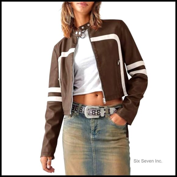 Faux Leather Cropped Moto Jacket with Zip Closure and Side Pockets - Picture 2 of 7